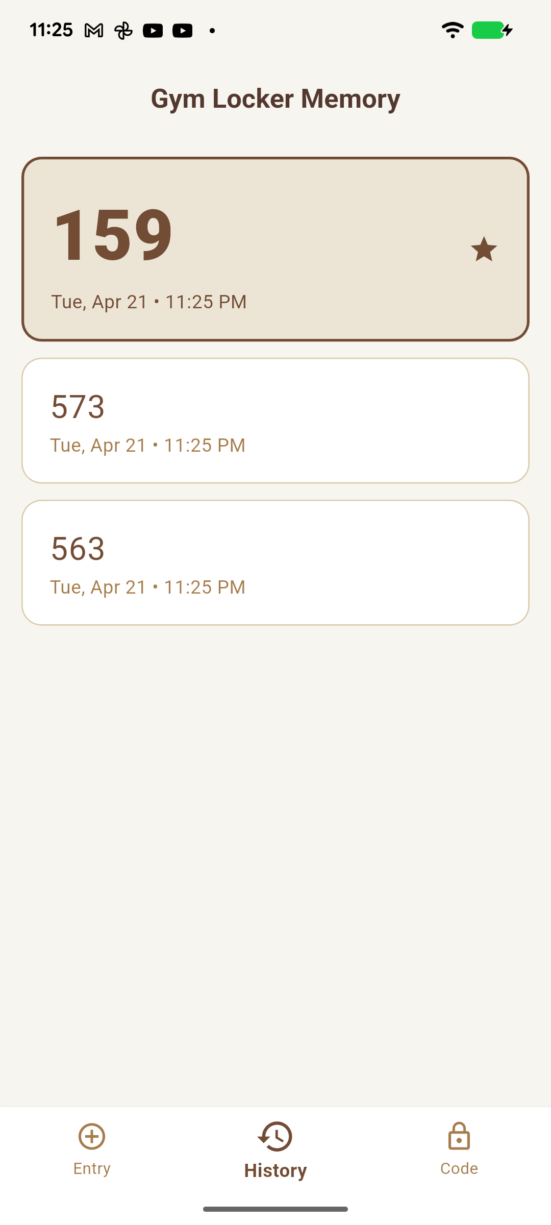 History tab showing recent locker entries